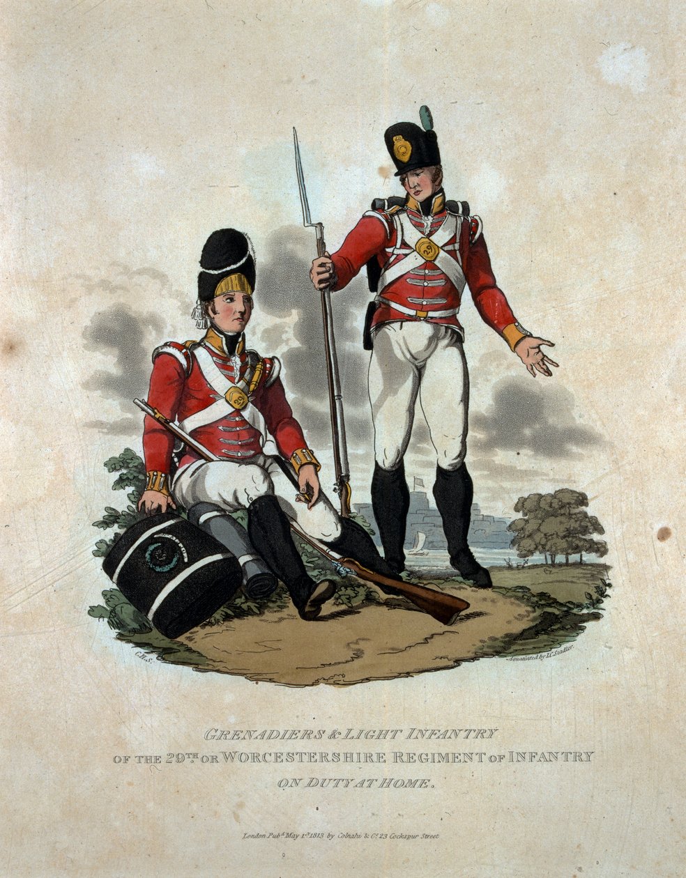 根据最新规定1812&39;，第29届或德国伍斯特郡步兵团的轻型步兵从“英国帝国军队的服饰”中镌刻b 作者 查尔斯·汉密尔顿·史密斯