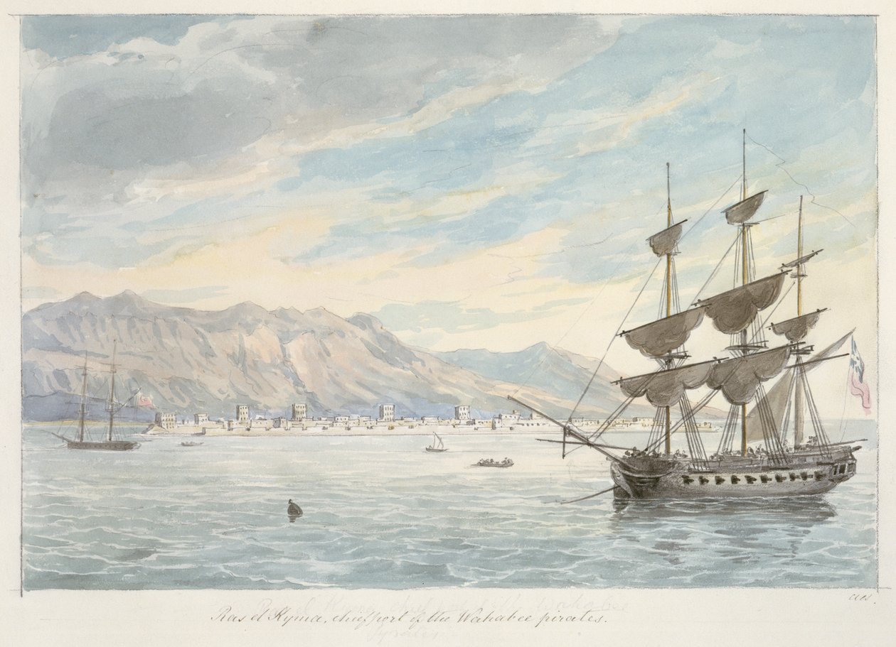 Ras el Kijma，瓦卡比海盗的主要港口，约 19 世纪（石墨和水彩画） 作者 查尔斯·汉密尔顿·史密斯