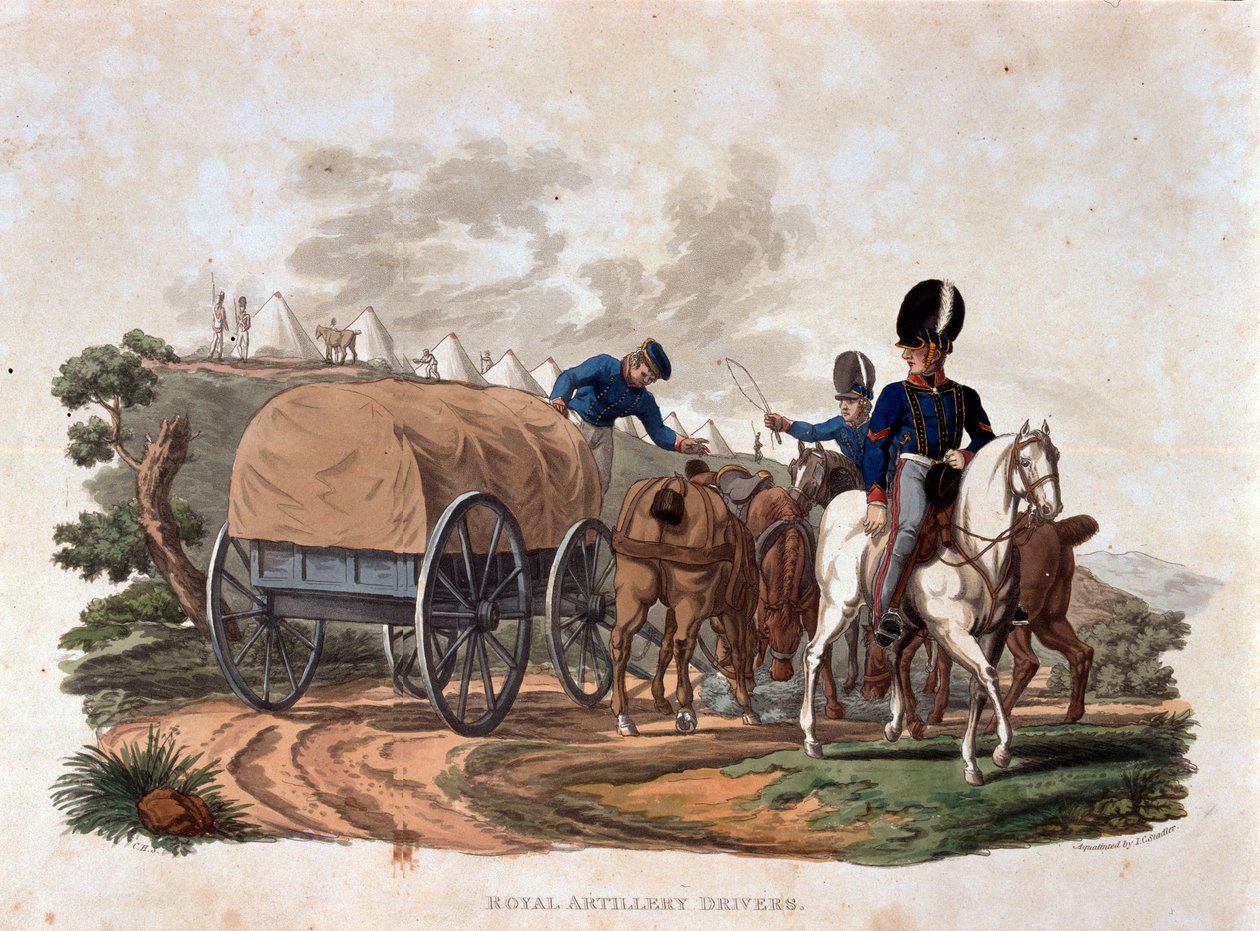 皇家炮兵司机，来自“大英帝国军队的服装，根据最新规定1812”，由JC Stadler雕刻，由Colnaghi und Co.出版1812-15（彩色aquatint） 作者 查尔斯·汉密尔顿·史密斯