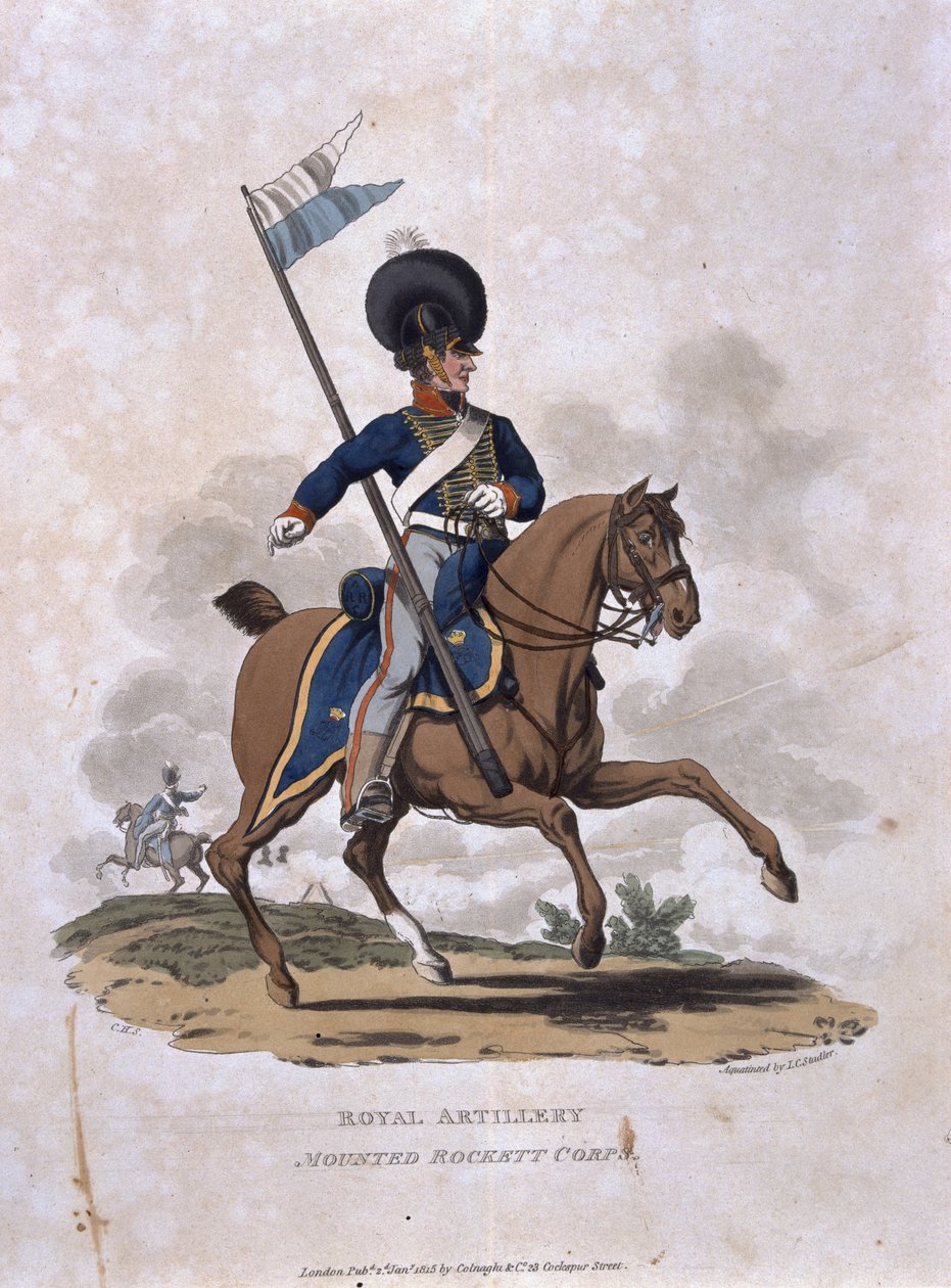 Royal Artillery Mounted Rockett Corps，来自“大英帝国军队的服装，根据最后的规定1812”，由JC Stadler雕刻，由Colnaghi und Co. 1812-15出版（coloure 作者 查尔斯·汉密尔顿·史密斯