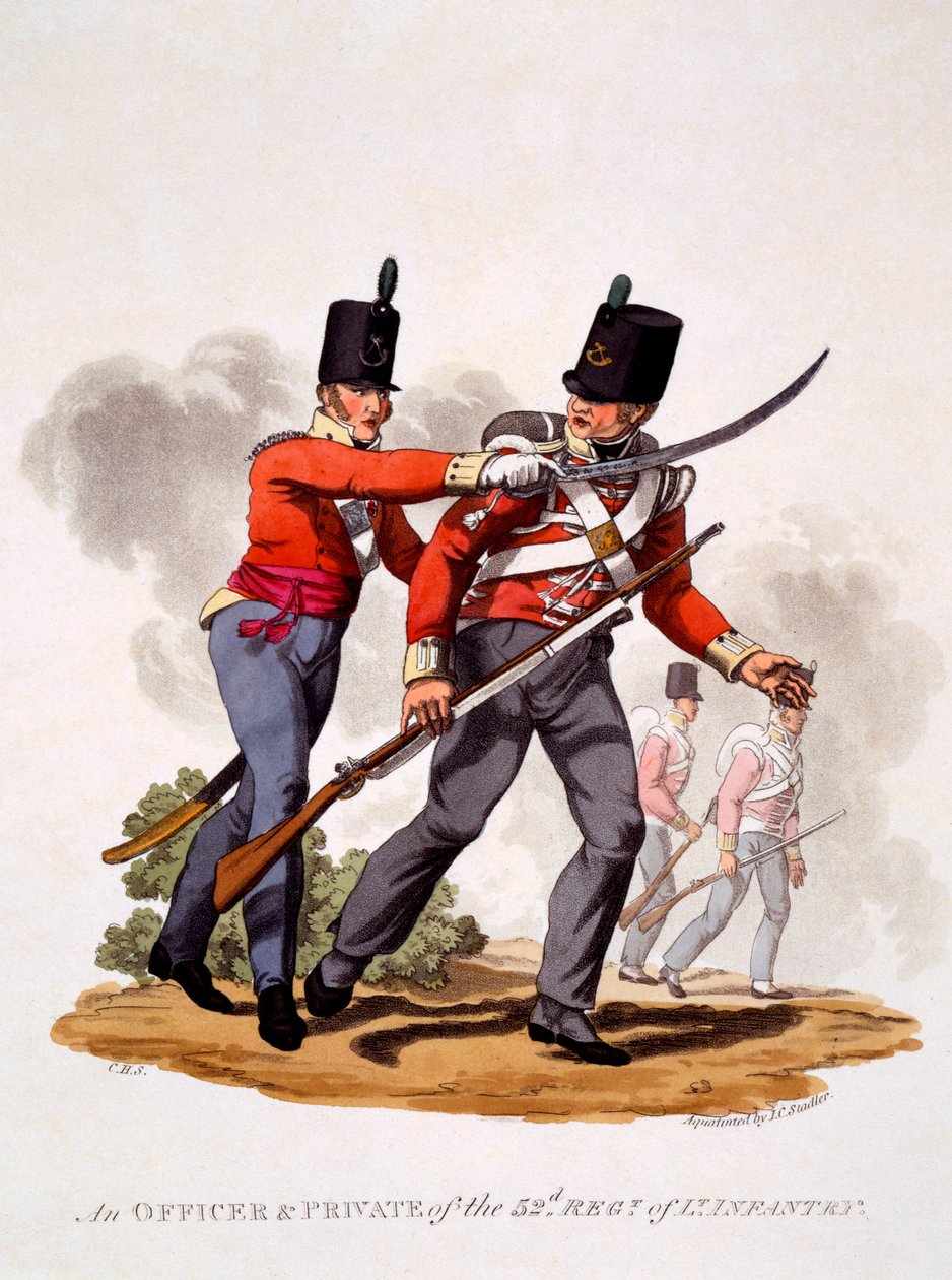 第52号雷格的军官和私人制服。轻型步兵，由Joseph Constantine Stadler（17,08-1812），1812-15（手工彩色aquatint）雕刻而成 作者 查尔斯·汉密尔顿·史密斯