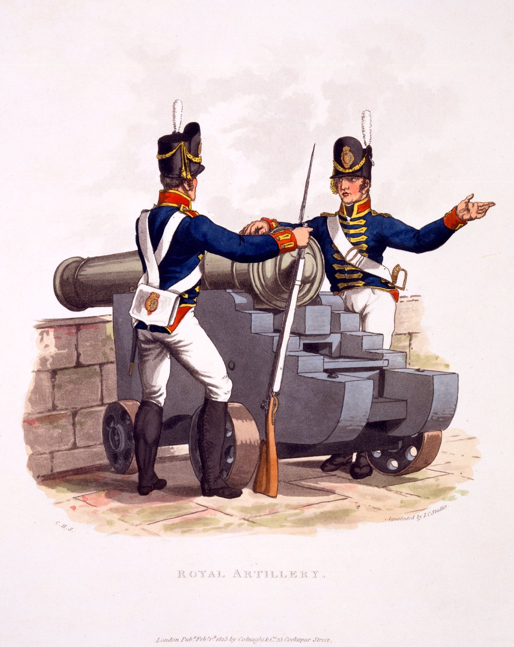 皇家炮兵的制服，来自“大英帝国的服装，根据最后的规定”，于1815年出版（手工彩色的aquatint） 作者 查尔斯·汉密尔顿·史密斯