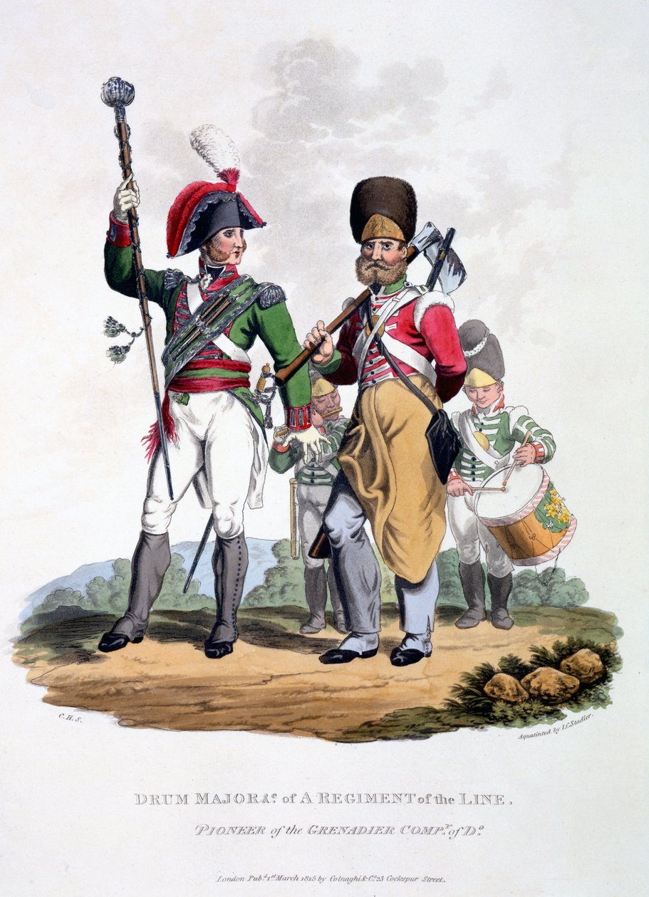 该军团的一名军团制服 - 从1815年出版的“最后规则”的“大英帝国服饰”（手绘色的aquatint）中的“手榴弹公司的先驱” 作者 查尔斯·汉密尔顿·史密斯