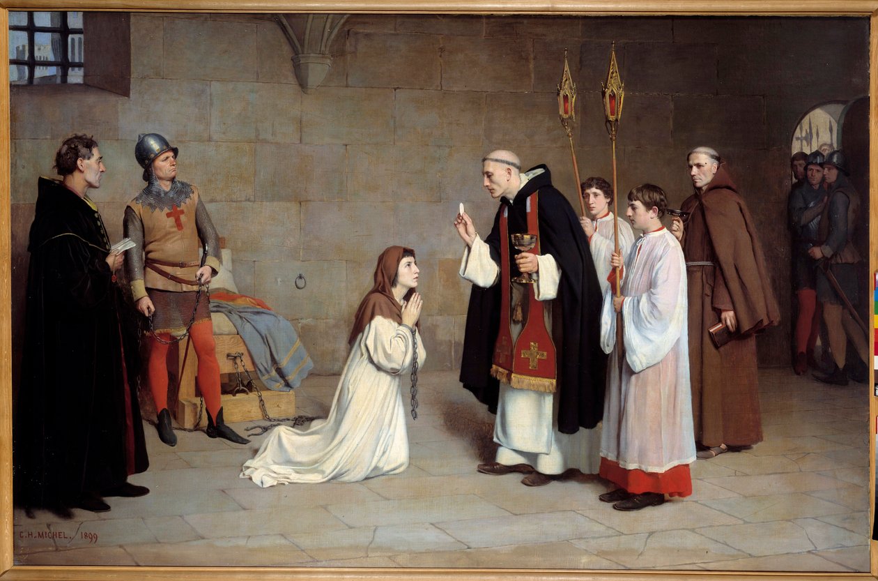 百年战争：“圣女贞德的最后圣餐（1412-1431）”查尔斯·亨利·米歇尔（Charles Henri Michel，1817-1905）的绘画，1899年。周日。 0,73x0,6 m 鲁昂，美术博物馆 - 百年战争：“”圣女贞德（1412-1431）的最后圣餐“”。 查尔的绘画 作者 查尔斯·亨利·米歇尔