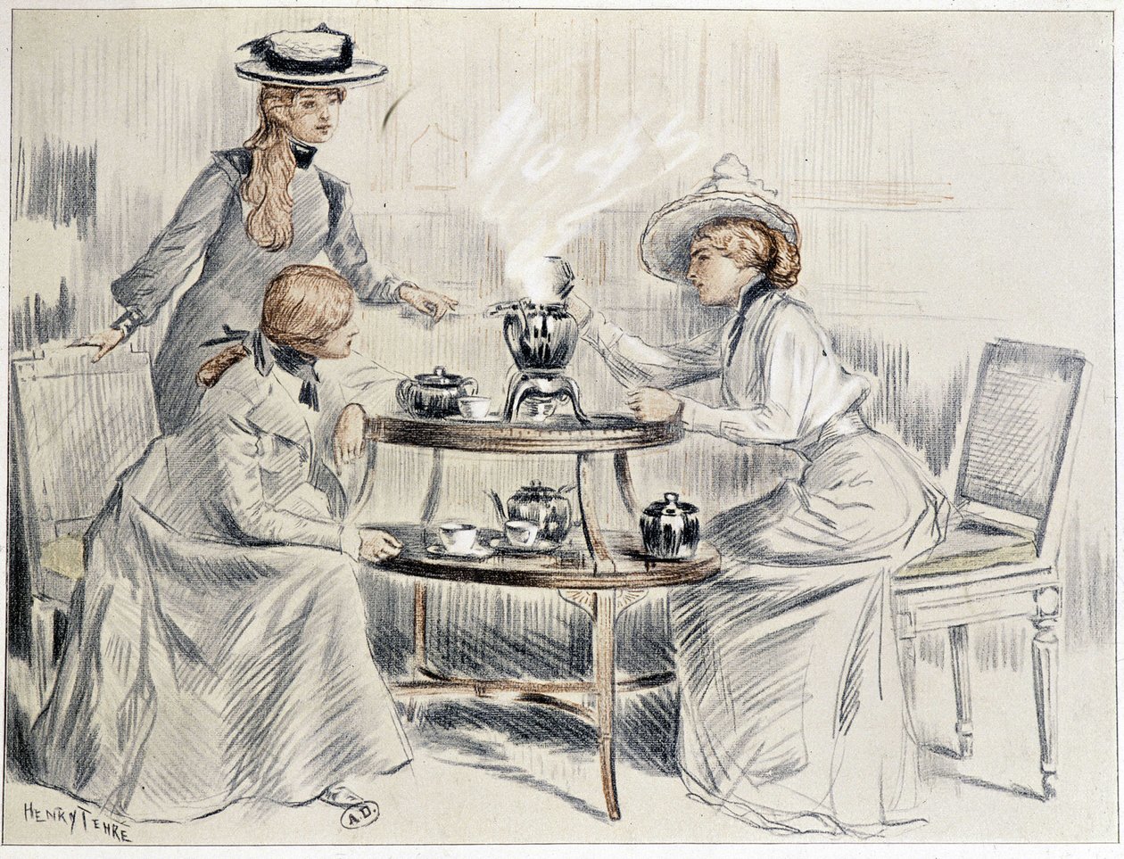 女士们围着一个小茶炊喝茶——亨利·坦雷 (Henri Tenré) 的画作，约。 1910年 作者 查尔斯·亨利·坦雷