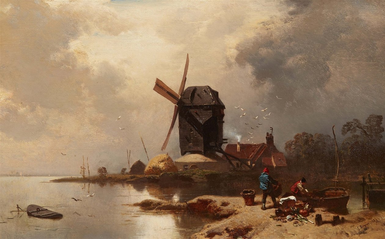 德语: Bockwindmühle an einem Seeufer 湖畔的邮政磨坊 作者 查尔斯·霍格特