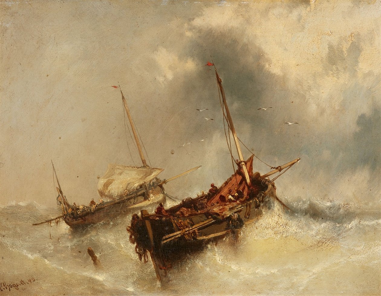 德语: Zwei Segelschiffe auf stürmischer See 暴风雨海上的两艘船 作者 查尔斯·霍格特