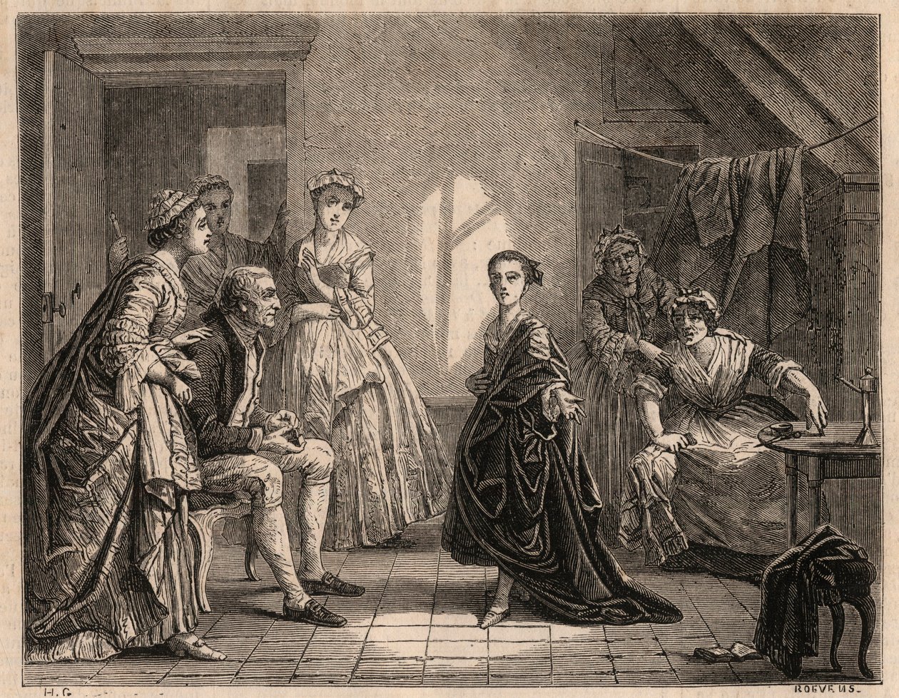克莱隆小姐的童年：年轻的克莱尔-约瑟夫（Claire Josephe）-勒里斯（1723-1803）朗诵着她刚看过的戏剧的诗句。她以 "克莱昂小姐 "或 "克莱昂 "的名字成为一名喜剧演员。1862年的雕版画，来自于绘画作品。 作者 查尔斯·豪斯（Charles Housez）