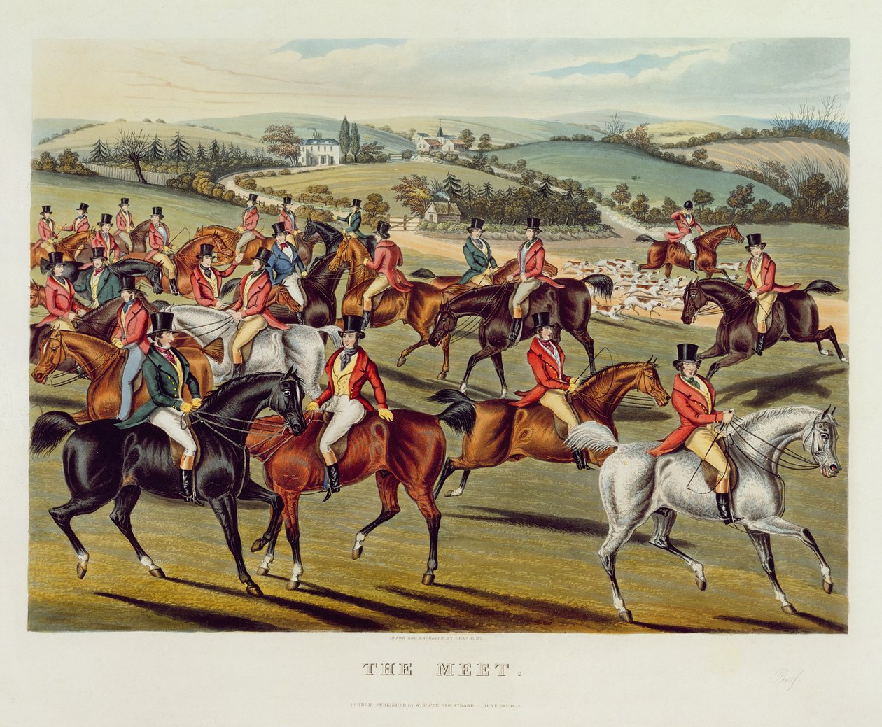 “见面会”，来自&39;Fox Hunting&39;，1838年（手工彩色的aquatint） 作者 查尔斯·亨特