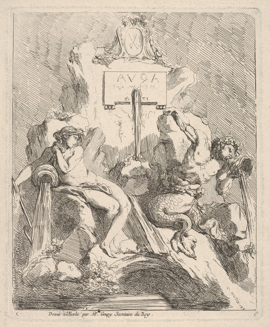 喷泉的设计，左边是一个坐着的仙女，特里顿嘴里叼着一个贝壳...，1768年。 作者 查尔斯·胡廷