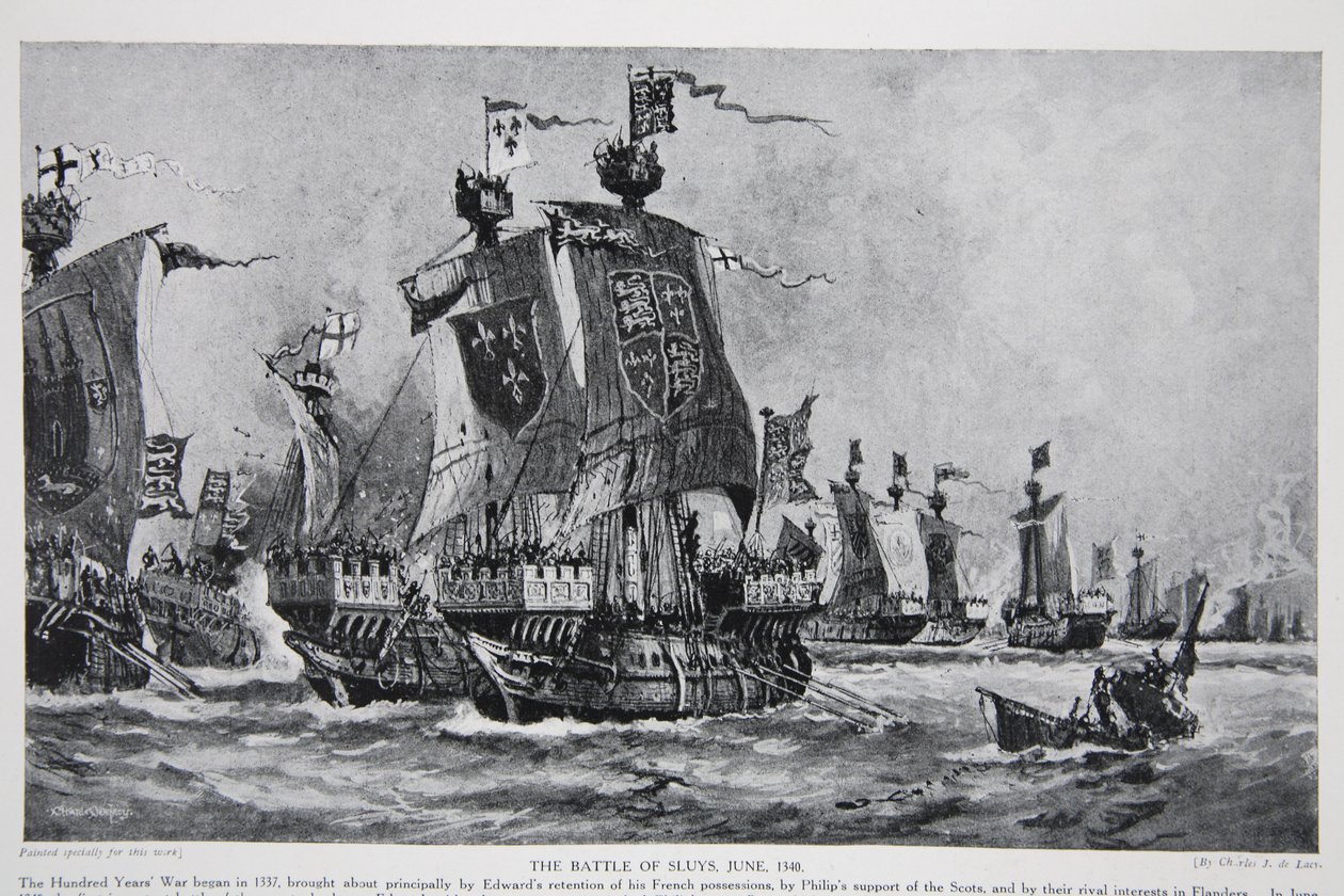 Sluys战役，1340年6月24日，“哈钦森的英国民族故事”插图，c.1923 作者 查尔斯·约翰·德·莱西