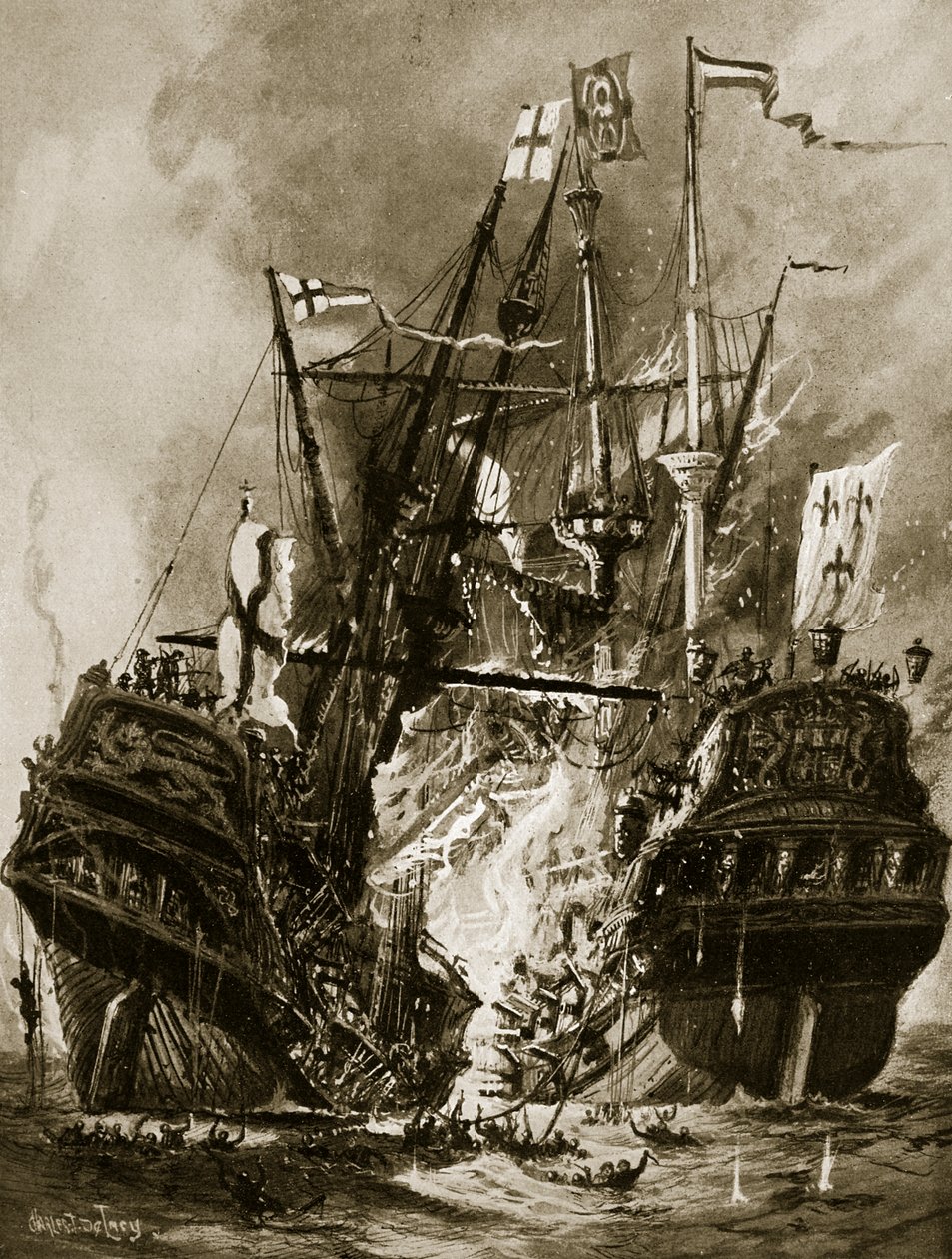 1512年“摄政王”的燃烧，来自“哈钦森的英国民族故事”，c.1923 作者 查尔斯·约翰·德·莱西