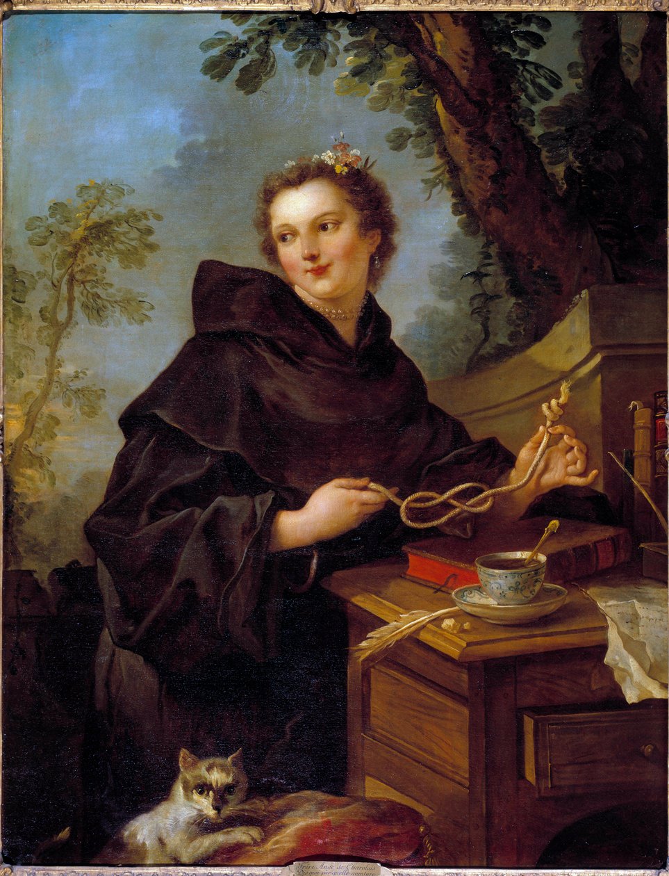路易丝·安妮·德·波旁·孔德 (Louise Anne De Bourbon Conde) 的肖像，夏洛莱小姐 (1695-1758)，路易十四的孙女。 他的双手之间有一个海结（八结）。 查尔斯·约瑟夫·纳图尔 (Charles-Joseph Natoire) 的绘画 作者 查尔斯·约瑟夫·纳托尔