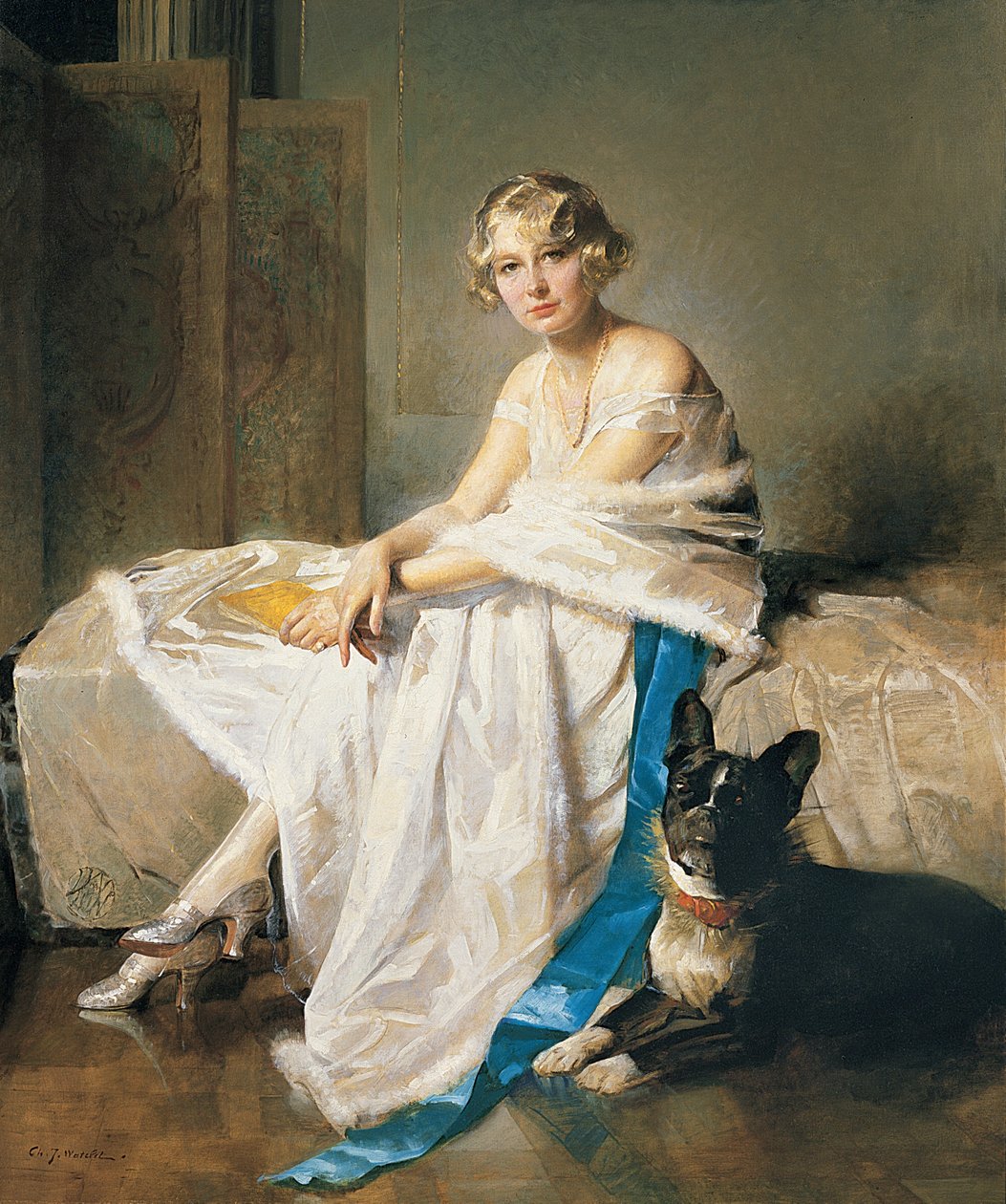 一位优雅的女士和她的法国斗牛犬在室内，约 1925 年（布面油画） 作者 查尔斯·约瑟夫·沃特莱特