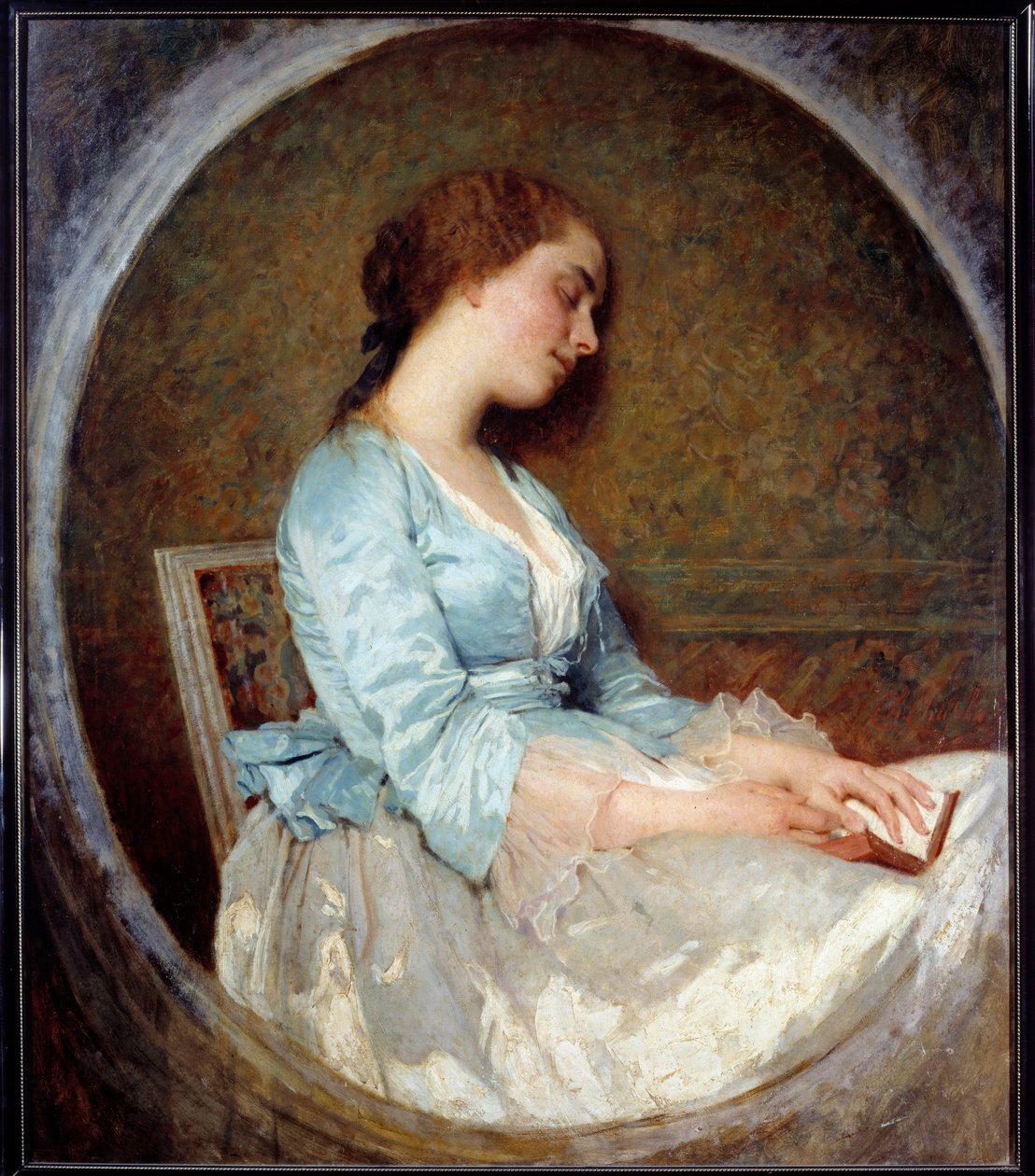 梦中睡在她的书上的年轻女人。 查尔斯·卓别林 (1825-1891) 1857 年作画 1,06x0,92 m 马赛，Musee des Beaux Arts 作者 查尔斯·约书亚·卓别林