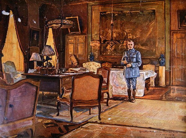 斐迪南-福煦元帅在他的总部，1918年9月7日，巴黎（彩色雕版）。 作者 查尔斯·朱尔斯·杜文特
