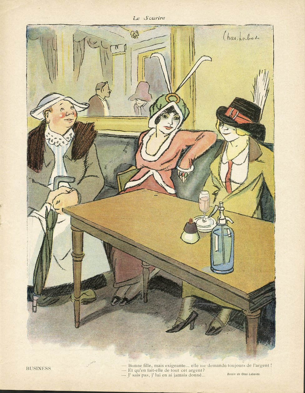 Chas-Laborde (1886-1941)的插图，载于《微笑》，第9期，27/02/13 - 商业 - 餐厅咖啡厅，时尚，帽子 - 丘比特，贪婪 - 女人 作者 查尔斯·拉伯德