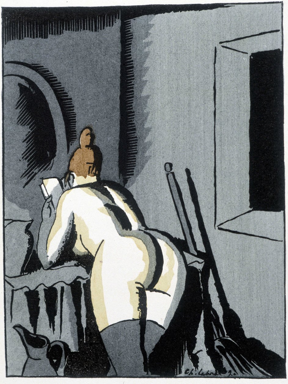 裸女，背影，阅读--选自 Pierre Mac Orlan 的《Le negre Leonard》，Chas.拉博德（Charles Laborde）（1886-1941 年），《旗帜》编辑 作者 查尔斯·拉伯德