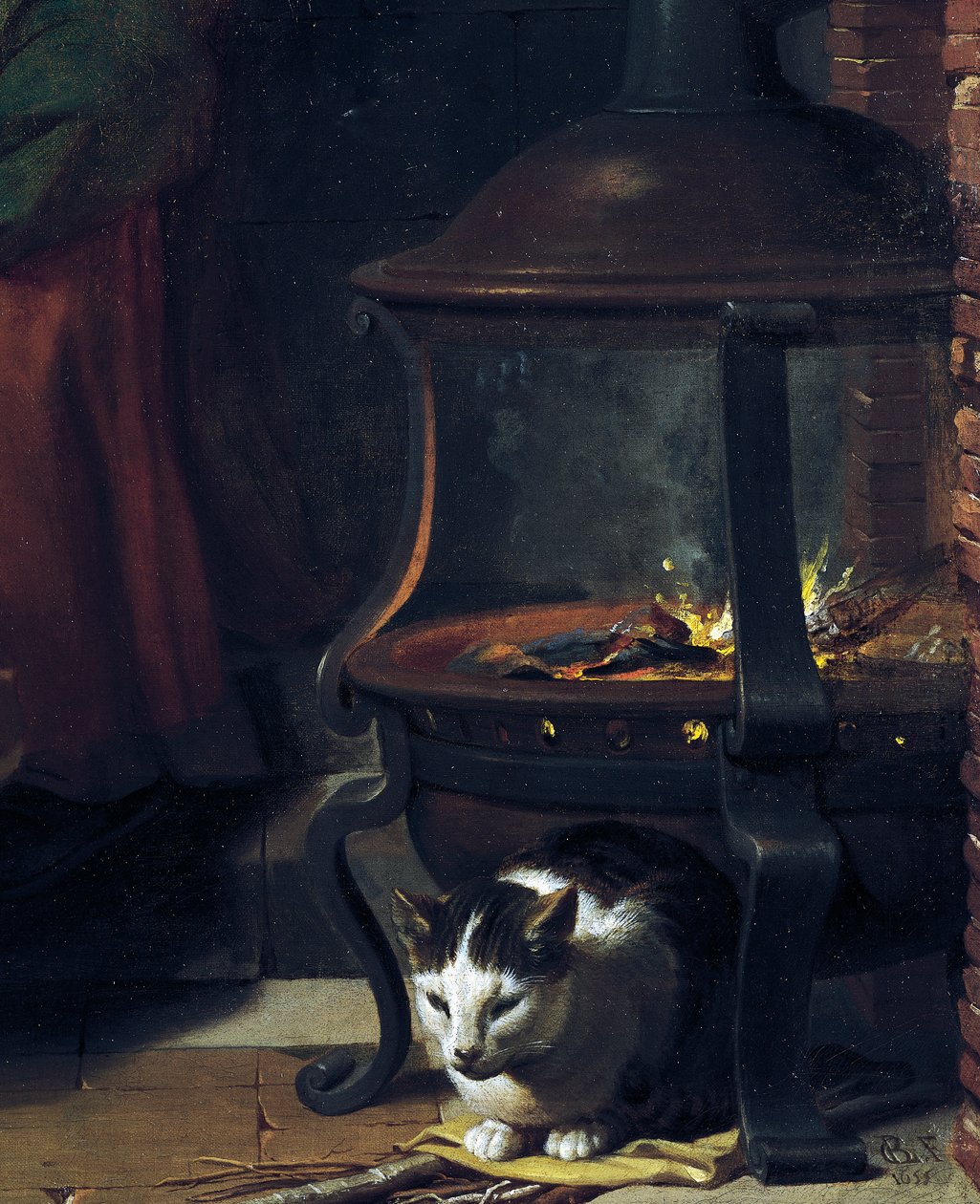 火盆下的猫，细节来自婴儿耶稣睡觉，查尔斯·勒布伦 (1619-1690) 作画，布面油画，87x118 厘米，法国 作者 查尔斯·勒布朗
