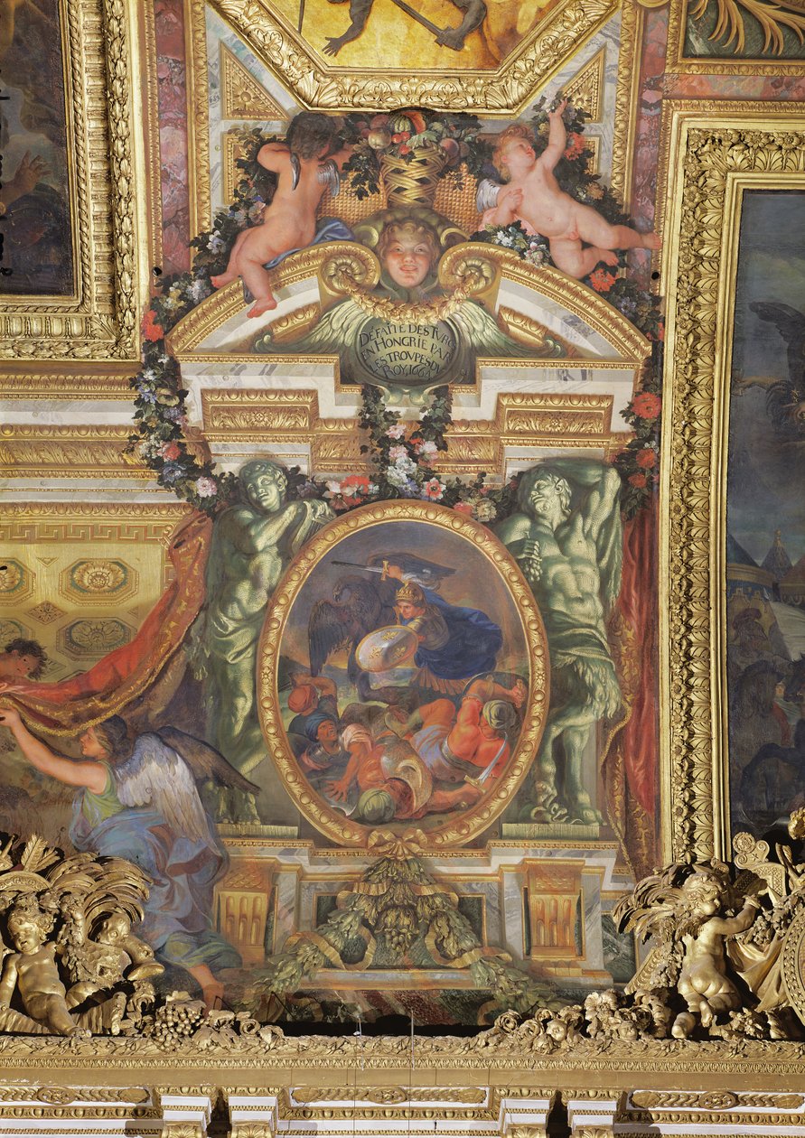 1664年国王队在匈牙利击败土耳其人，Galerie des Glaces的天花板画 作者 查尔斯·勒布朗