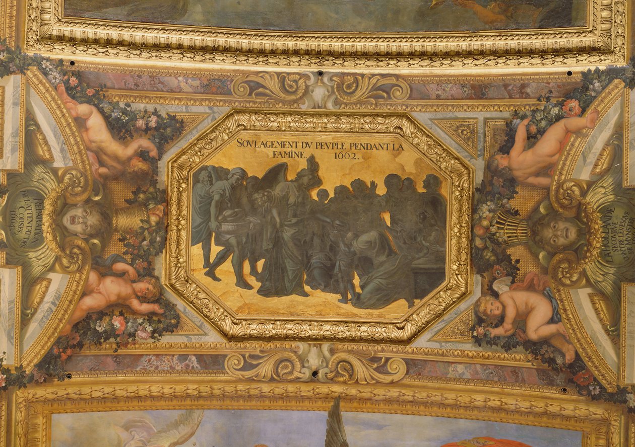 1662年饥荒期间帮助人民，Galerie des Glaces的天花板画 作者 查尔斯·勒布朗