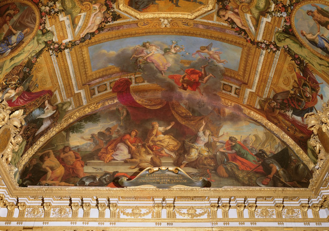荷兰接受和平并于1678年从神圣罗马帝国和西班牙脱离，Galerie des Glaces的天花板画 作者 查尔斯·勒布朗