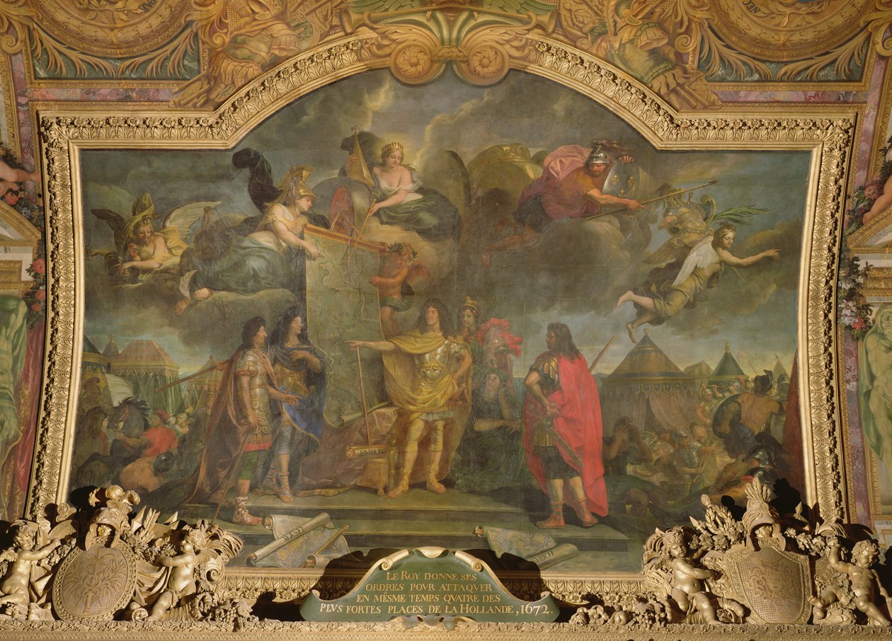 国王路易十四（1638-1715）给予命令同时攻击1672年四个最强的荷兰位置，Galerie des Glaces的天花板画 作者 查尔斯·勒布朗