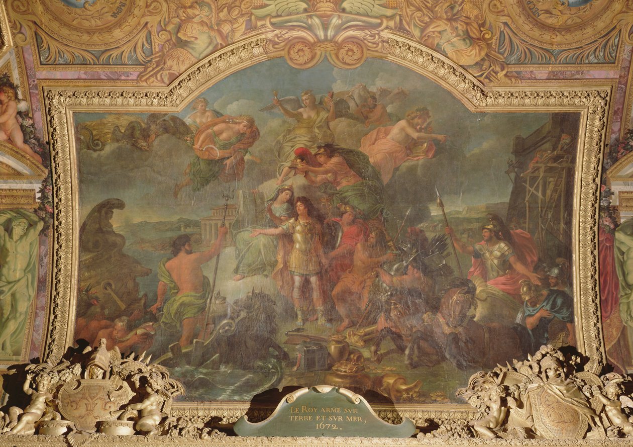 国王路易十四（1638-1715）于1672年拍摄陆地和海上武器，Galerie des Glaces的天花板画 作者 查尔斯·勒布朗