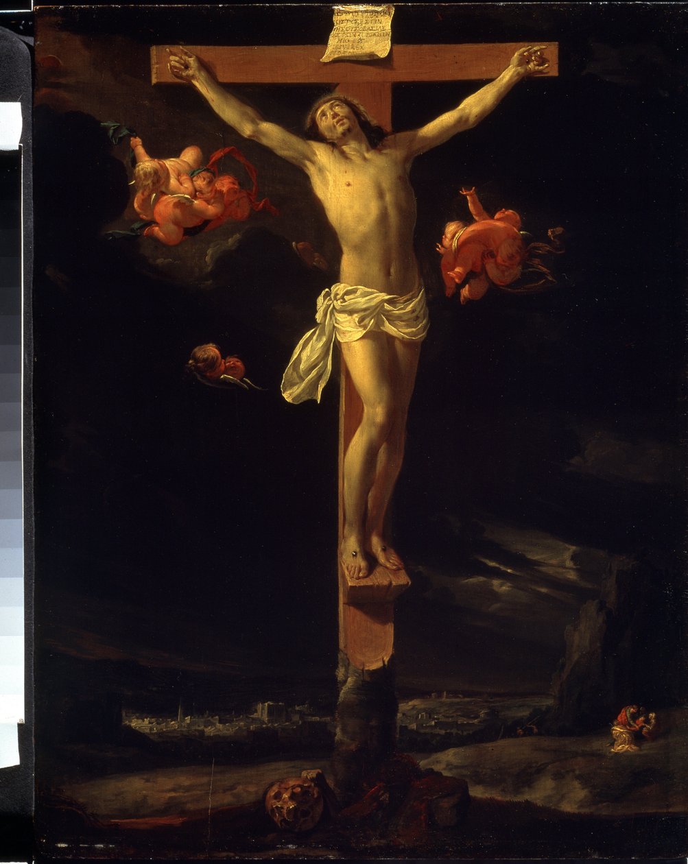 耶稣受难。十字架上的拉丁文铭文为 "His est iesus rex iudeorum"（这是耶稣，犹太人之王）。查尔斯-勒布伦（1619-1690 年）的画作 作者 查尔斯·勒布朗