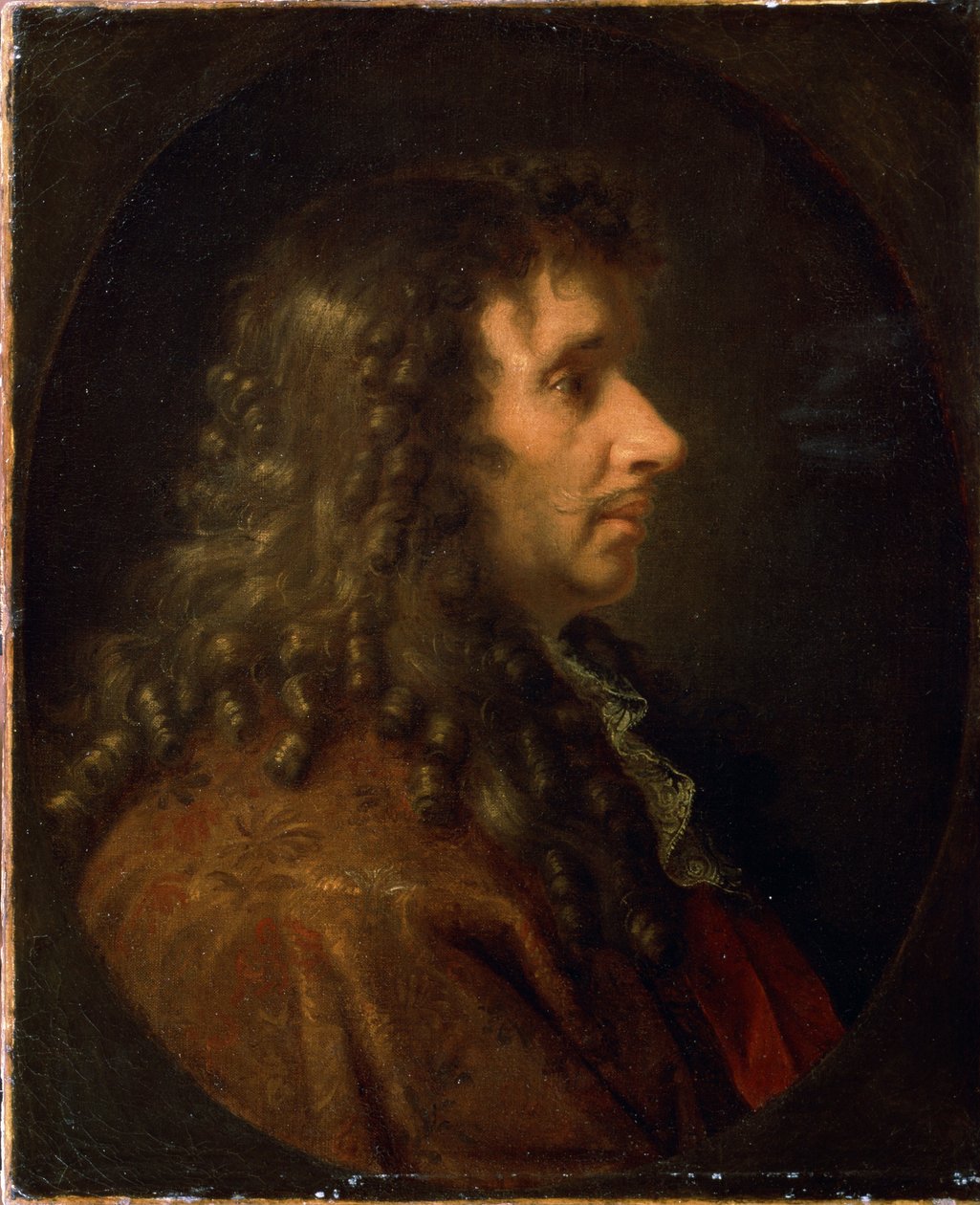 莫里哀（Jean-Baptiste Poquelin (1622-1673) 的侧面肖像）。绘画，大约 1660 年。 作者 查尔斯·勒布朗