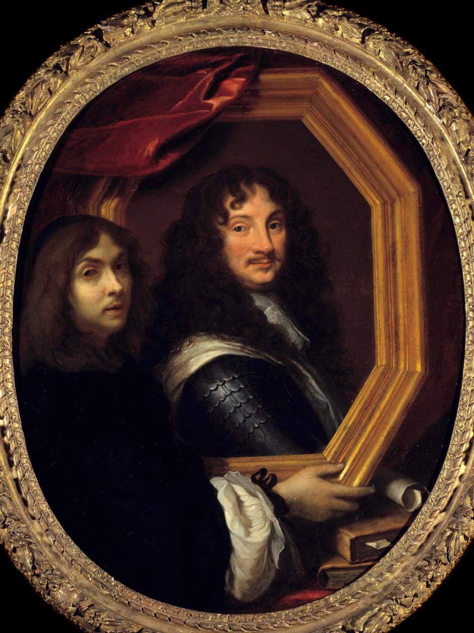 艺术家肖像（或自画像）展示了查尔斯·勒布伦 (Le Brun) (1619-1690) 17 世纪太阳的军事绘画。 1,04x0,85 m - 持有军人肖像的艺术家肖像（或自画像）。 查尔斯·勒布鲁的绘画 作者 查尔斯·勒布朗