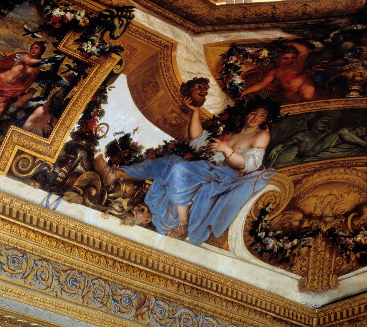 Thalie，缪斯之一，喜剧和田园诗的赞助人 查尔斯·勒布伦 (Le Brun) (1619-1690) 的缪斯沙龙画作细节 17 世纪 塞纳河 Vaux Le Visomte (Vaux-Le-Vicomte)和马恩。 作者 查尔斯·勒布朗