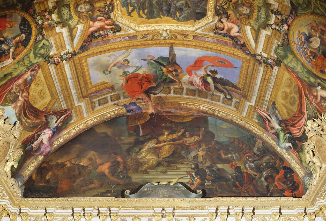 德国和西班牙联盟与荷兰，1672年，Galerie des Glaces的天花板画 作者 查尔斯·勒布朗