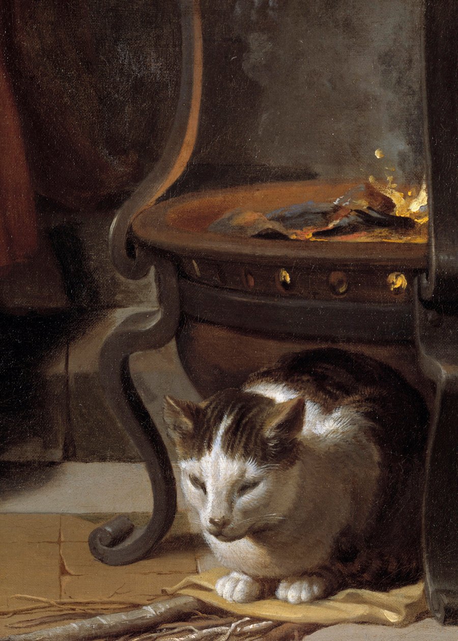 耶稣的睡眠细节描绘了一只睡在炉子下的猫。 查尔斯·勒布伦 (Le Brun) (1619-1690) 1655 年作画。 0,87x1,18 m 作者 查尔斯·勒布朗
