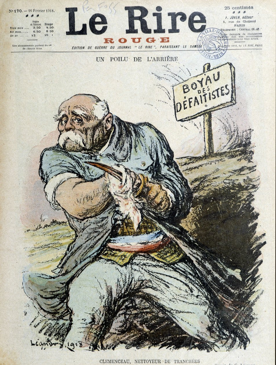 A hairy rear: Clemenceau, Trench cleaner. Cover “” The Laughter”” from 16/02/1918 作者 查尔斯·莱安德烈
