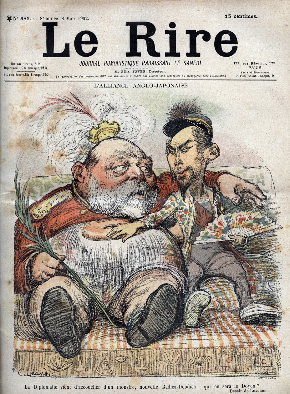 英日联盟（日英1902）外交刚刚诞生了一个怪物，新的拉迪卡-杜迪卡：谁将成为院长？- 国王爱德华七世--1902年查尔斯-兰德尔（1862-1934）为《笑声》绘制的CARICATURE 作者 查尔斯·莱安德烈