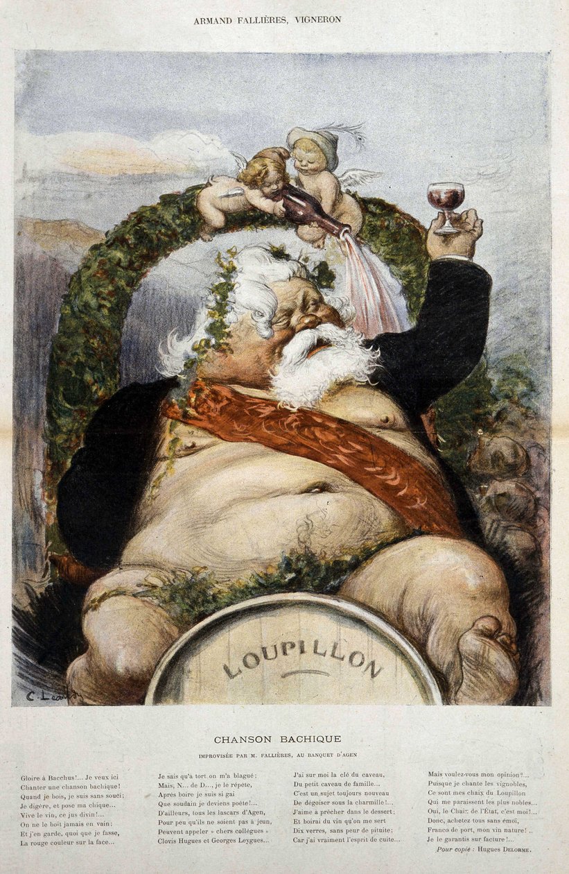 Armand Fallières, winemaker: caricature of Fallières en Bacchus (Bacco) - in “" le Laughter "” of Oct 1906 作者 查尔斯·莱安德烈