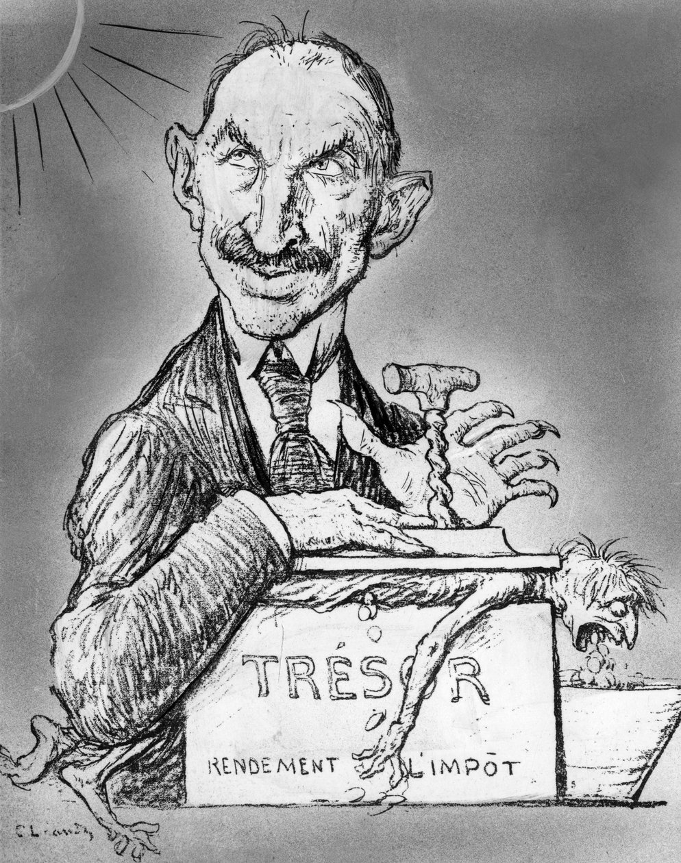 Cartoon by Charles Leandre of French minister of finances Charles de Lasteyrie published in paper Le Rire november 26 作者 查尔斯·莱安德烈