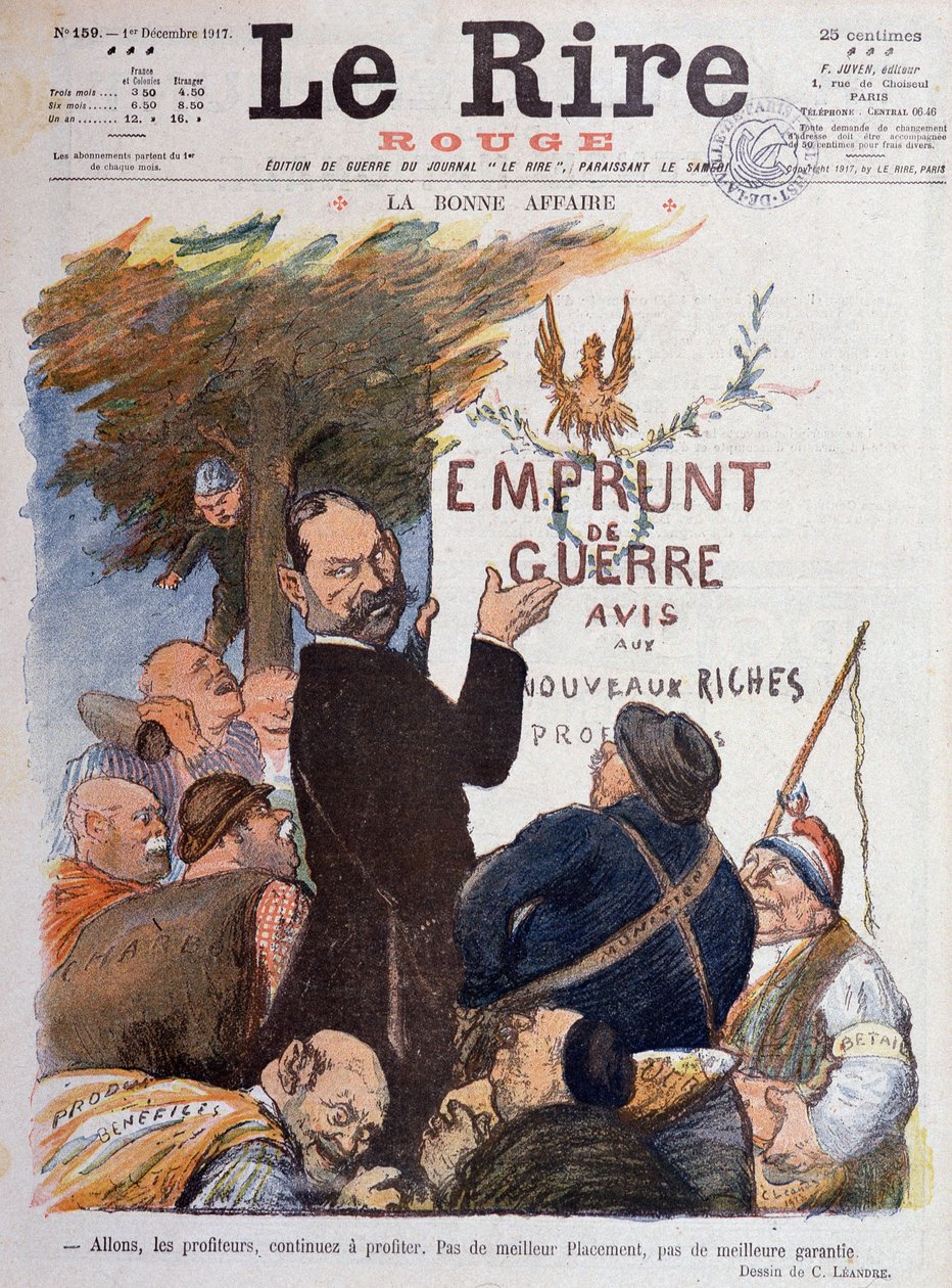 First World War (1914-1918): Cartoon on the promotion of war loan, source of income for profiteers enriched by the trade in coal, ammunition and betail - Drawing by Charles Leandre (1862-1934), for the cover of Le Rire Rouge 作者 查尔斯·莱安德烈