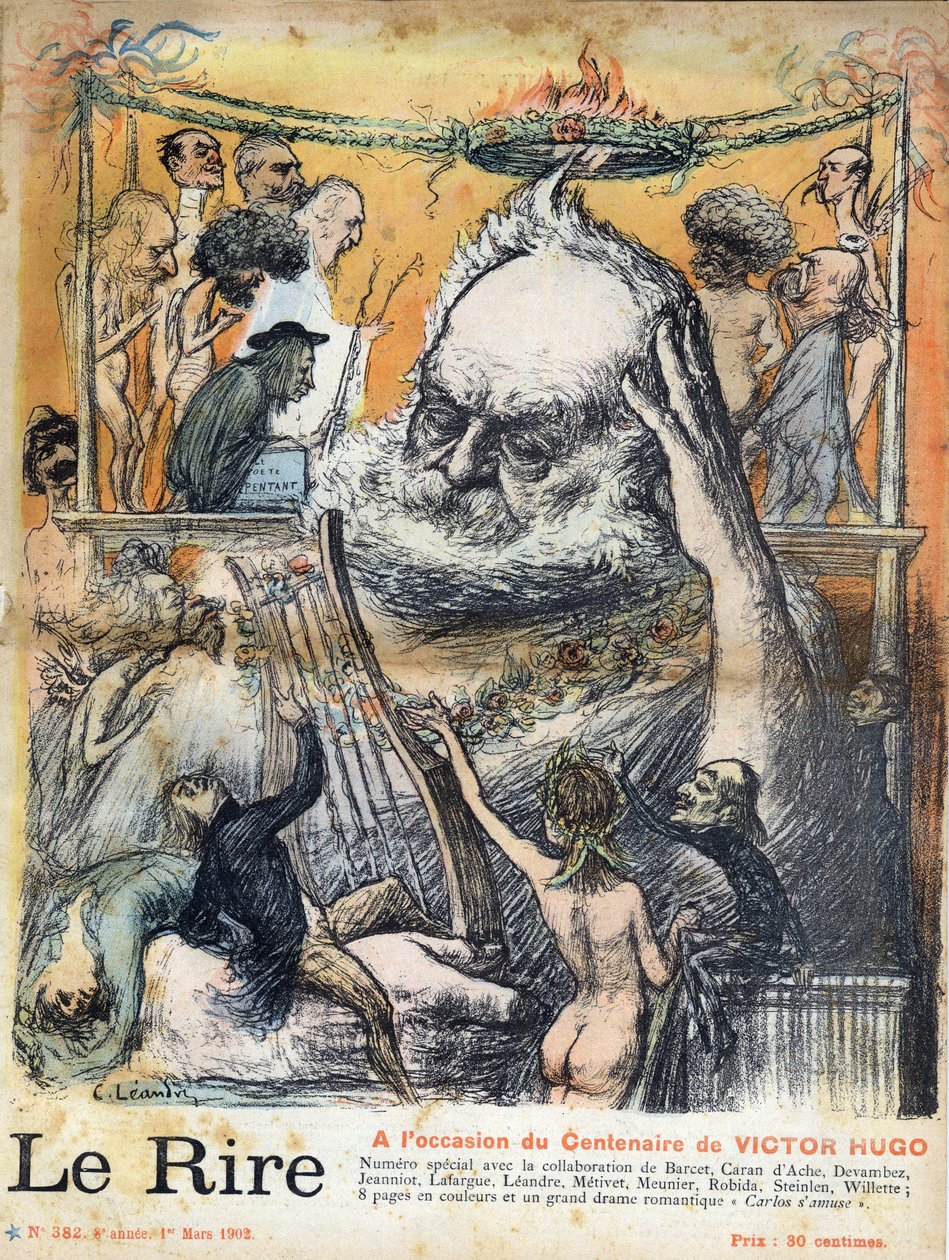 1902年3月1日的报纸 "Le rire "的第一页，致力于纪念维克多-雨果诞辰一百周年。法国作家维克多-雨果的漫画，作者是Charles Leandre，1902年3月的报纸头版。 作者 查尔斯·莱安德烈