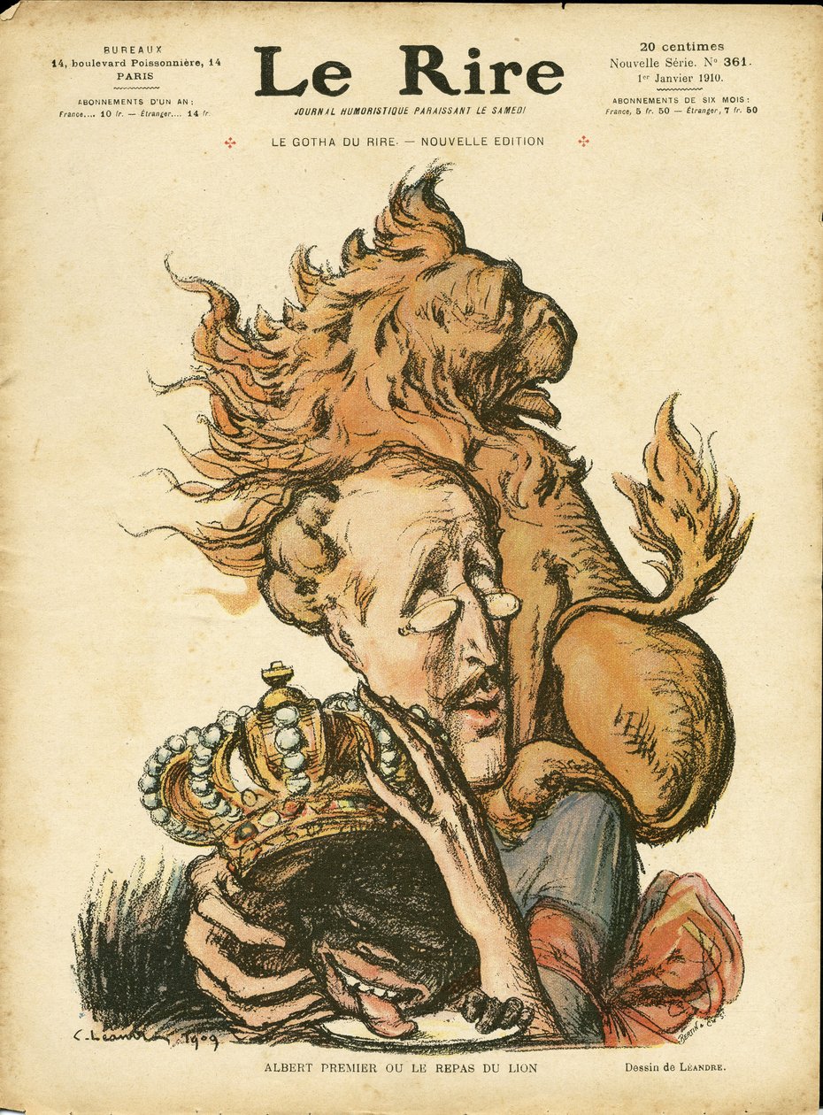 Charles Leandre (1862-1934) 在 Le Rire 的插图，01/01/10 - 比利时 - Lion/Tiger, Albert 1er（比利时） 作者 查尔斯·莱安德烈