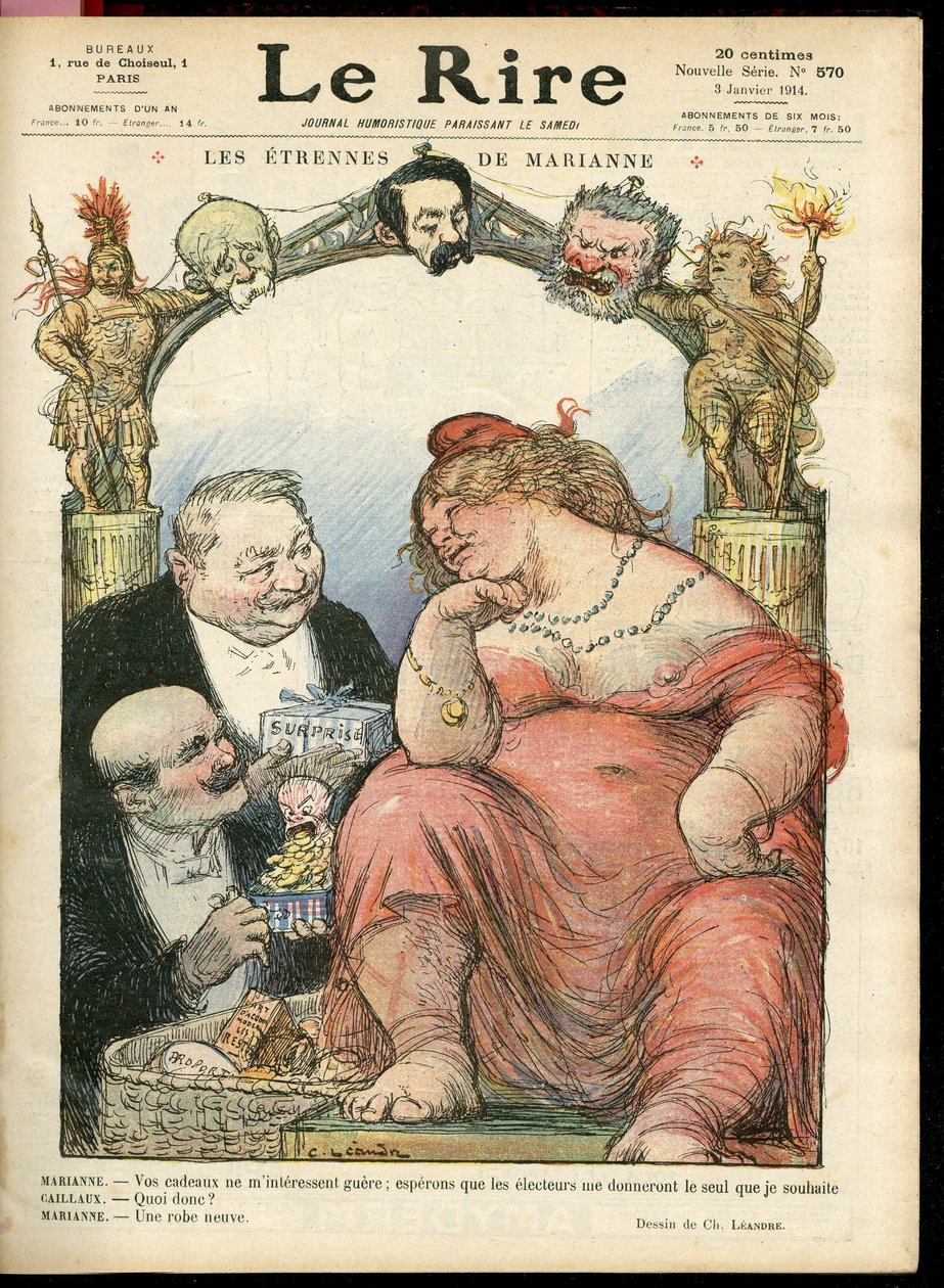 Charles Leandre (1862-1934) 为 Le Rire 封面插图，03/01/14 - Les strennes de Marianne - Tribun - Clemenceau George, Jaures Jean, Briand Aristide, Marianne, Caillaux Joseph (1863-1944) 作者 查尔斯·莱安德烈