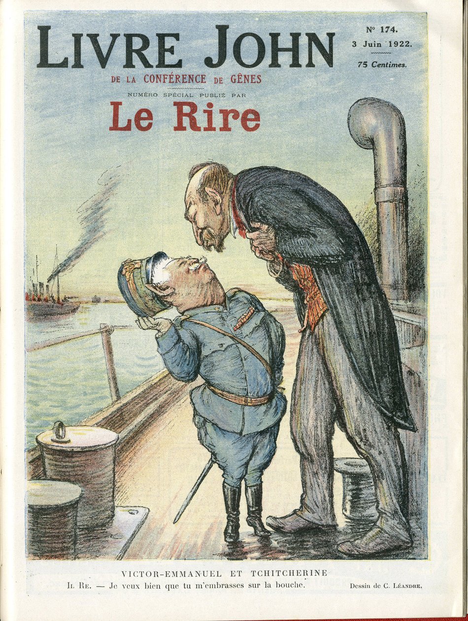 Charles Leandre (1862-1934) 为 Le Rire 封面插图，03/06/22 - 意大利，苏联 - Victor Emmanuel 1er, Gueorgui Titcherine (1872-1936) 作者 查尔斯·莱安德烈