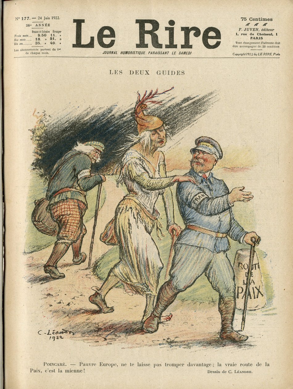 Illustration of Charles Leandre (1862-1934) for the Cover of Le Rire, 24/06/22 - The two guides - England Great Britain, Europe, President of the Republic, Peace, Chapeau - Poinsare Raymond, David Lloyd George (1863-1945) 作者 查尔斯·莱安德烈