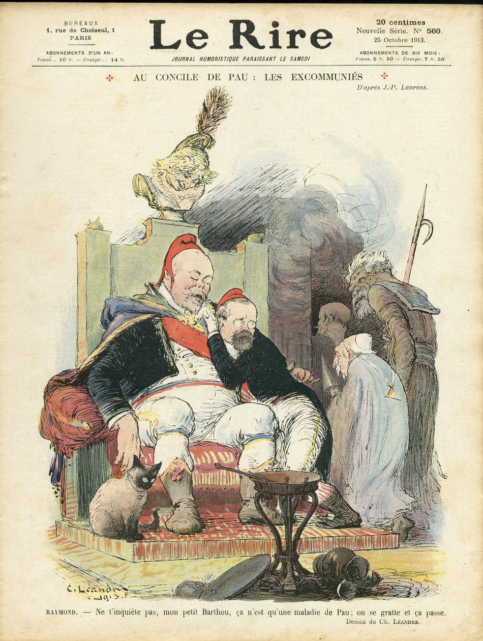 Charles Leandre (1862-1934) 为 Le Rire 封面插图，25/10/13 - 在波城议会：excommunies - 宗教信仰，共和国总统，Chapeau，扶手椅（权力的象征） - Combes Emile (1835-1921)，玛丽安，庞加莱·雷蒙德， 作者 查尔斯·莱安德烈