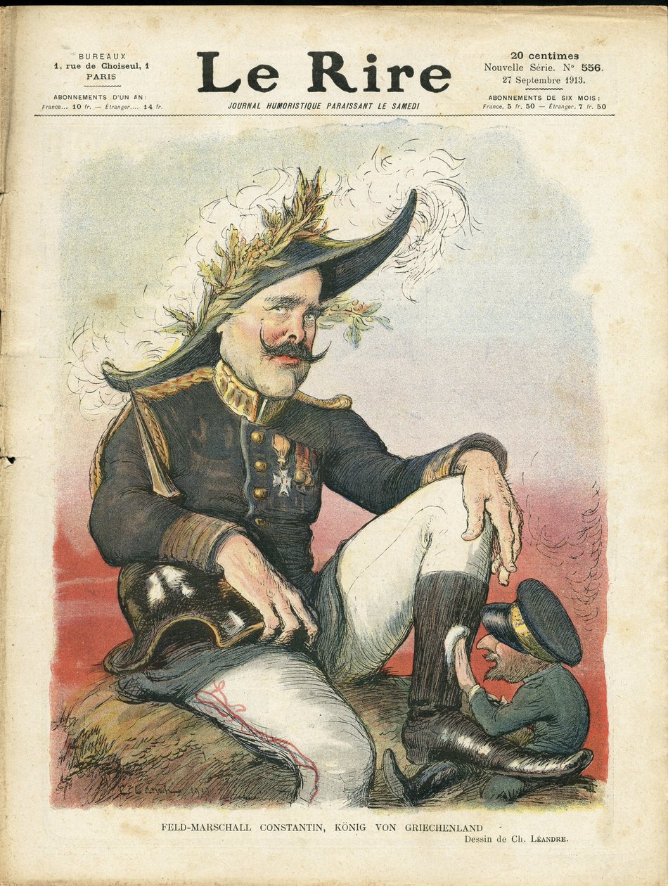 Charles Leandre (1862-1934)为《Le Rire》杂志封面所做的插图，27/09/13 - Field-Marschall Constantine - Germany Prussia, Helmet with Pointe, Armee, Greece - Feddinand of Bulgaria (1816-1948), Konstantin Constantin 1st (1868-1923) - Shoe Shine 作者 查尔斯·莱安德烈