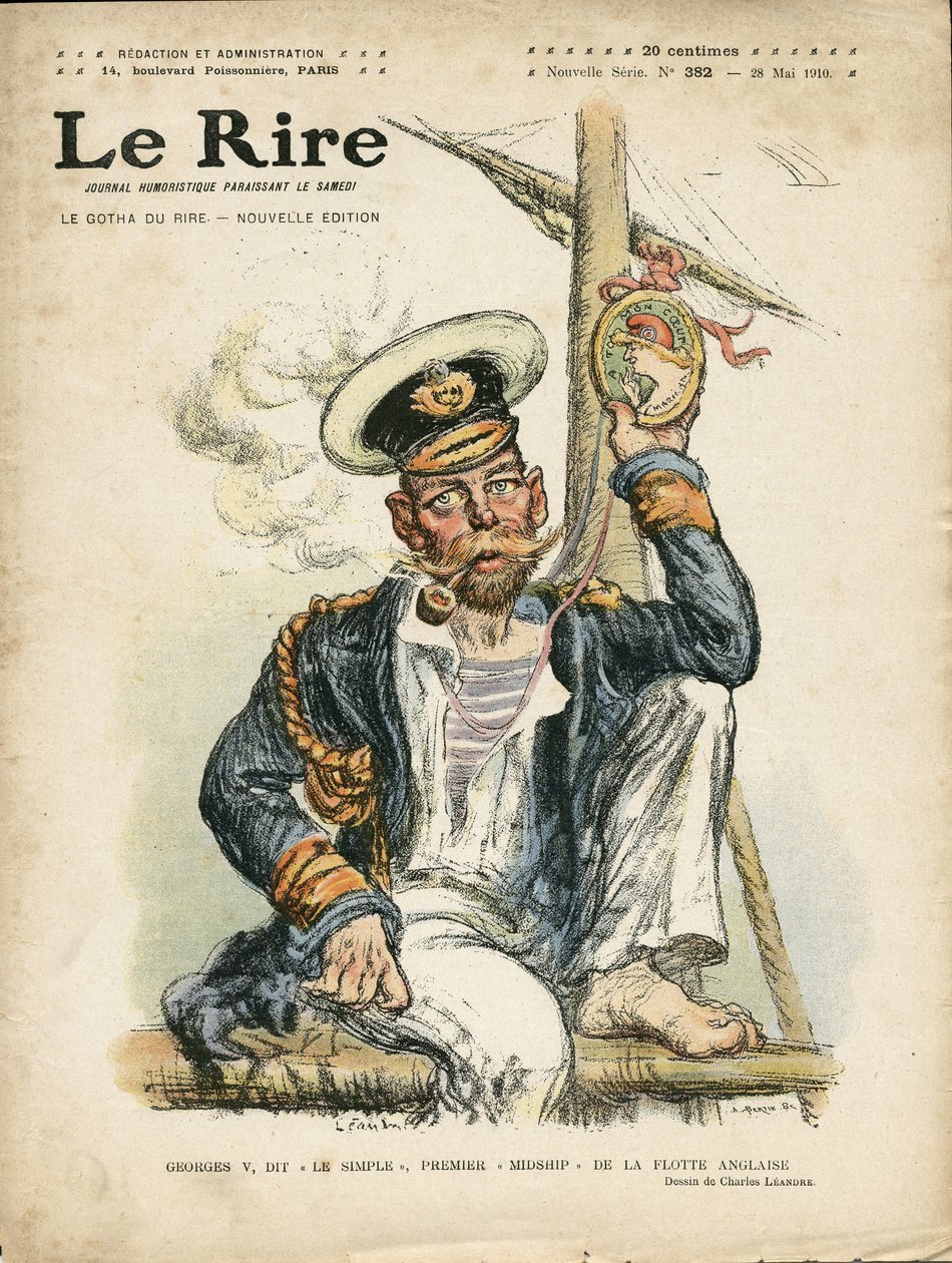 Charles Leandre (1862-1934) 为 Le Rire 封面插图，28/05/10 - 英格兰大不列颠，福利，海上海洋海滨，吸烟，烟草 - 乔治五世（1865-1936） 作者 查尔斯·莱安德烈
