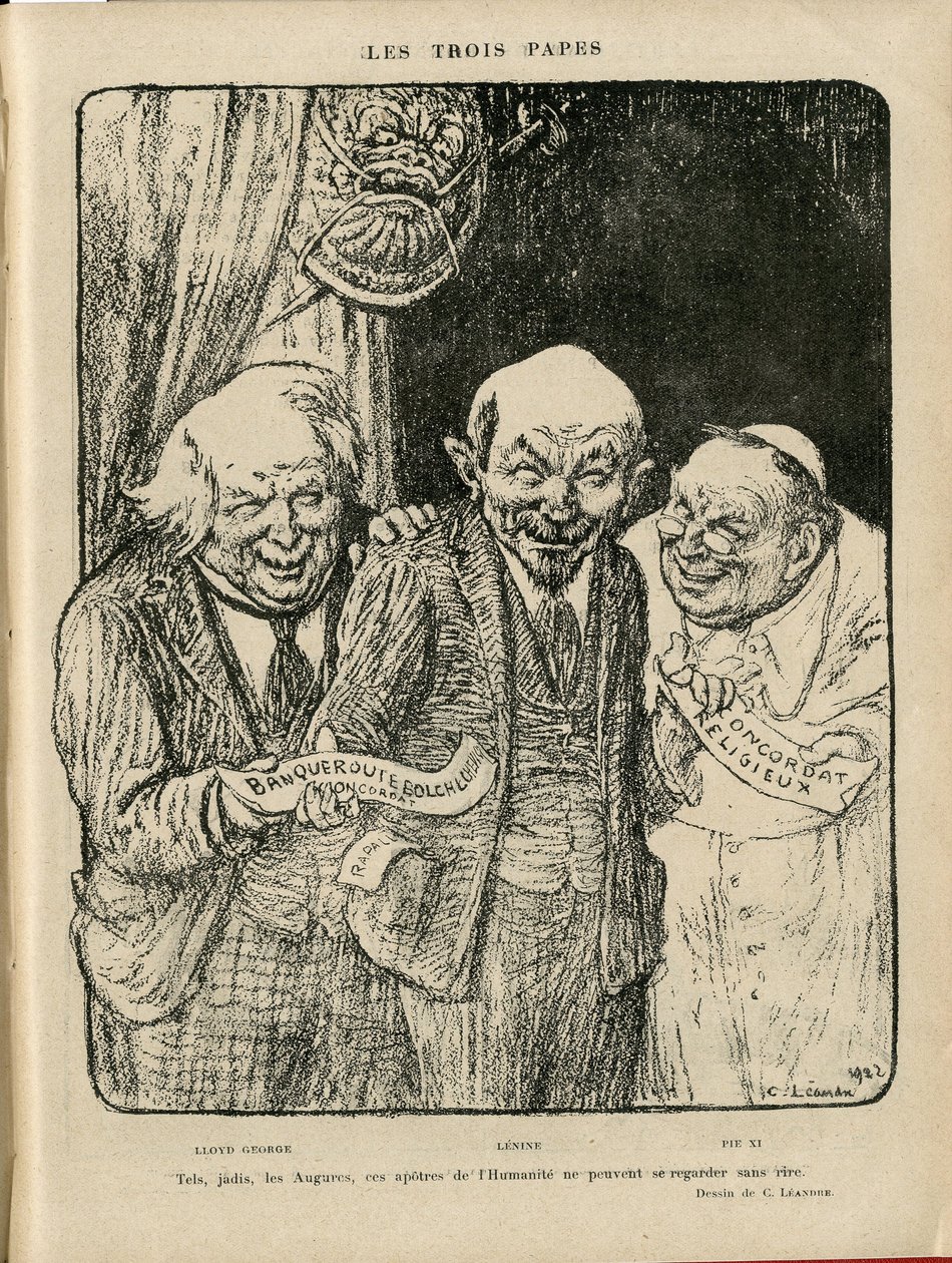 Charles Leandre (1862-1934) 在 Le Rire 的插图，03/06/22 - 三位教皇 - 英国 英国，苏联，验证日期，德国国会 - 列宁，劳埃德乔治，庇护十一世 作者 查尔斯·莱安德烈