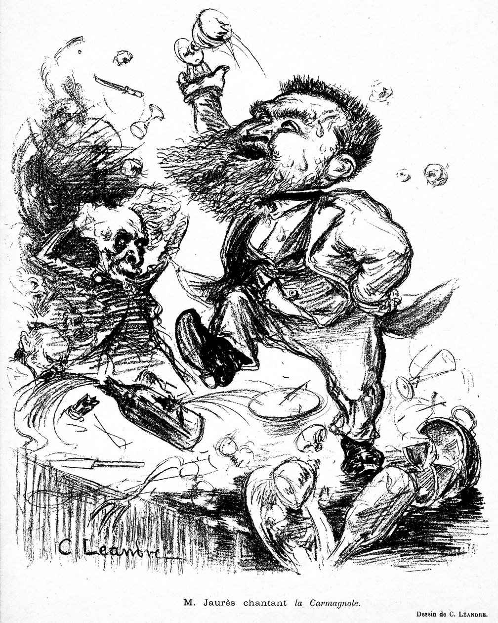 Jean Jaures dancing and singing Carmagnole on a banquet table (presumably drunk) image in Le Rire n°105 of November 7 作者 查尔斯·莱安德烈