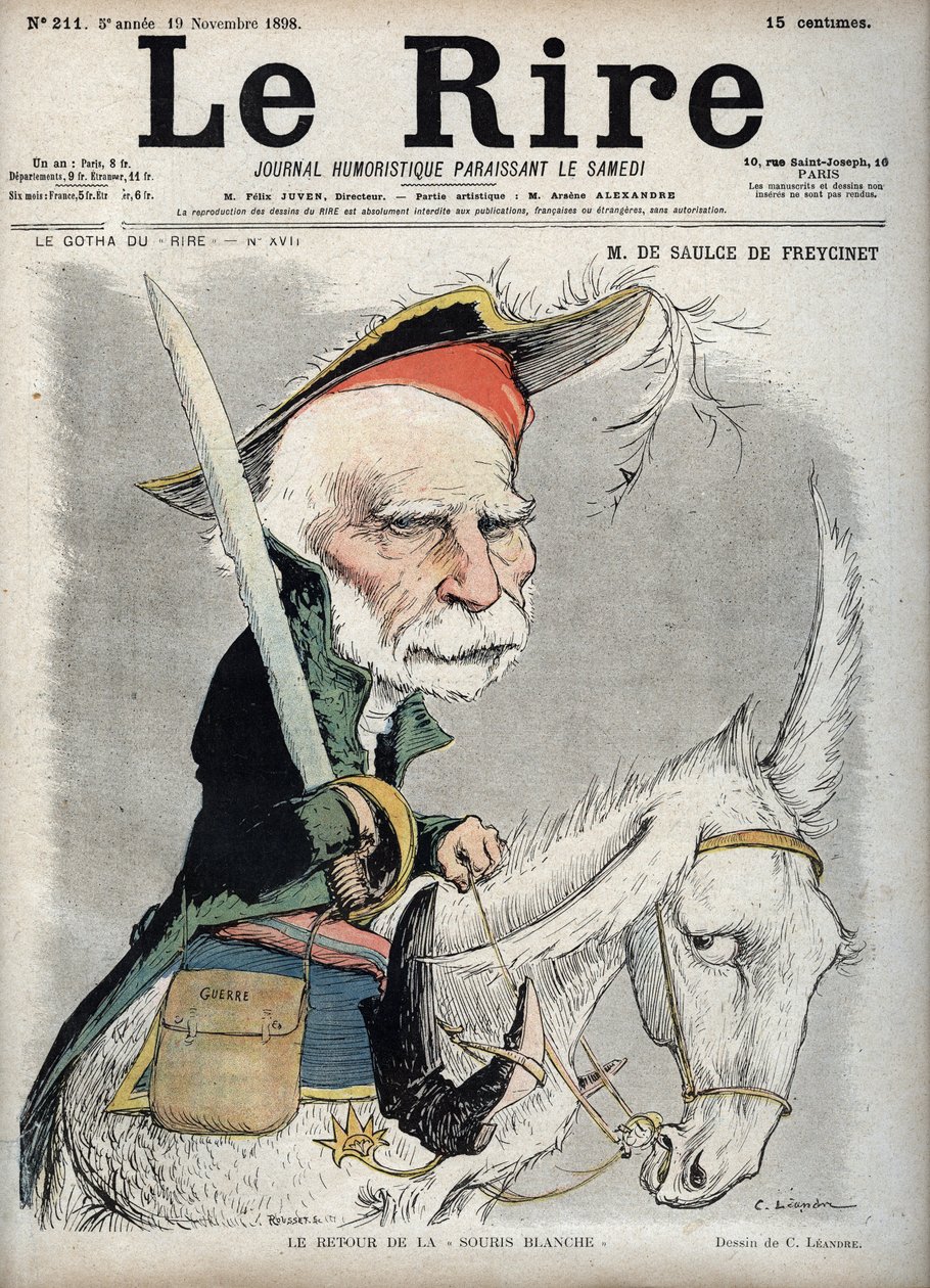 查尔斯-德-菲辛纳（Louis Charles de Saulces de Freycinet）（1828-1923）的肖像，法国政治家和工程师--1898年11月19日 "Le Rire "杂志上查尔斯-莱昂德（1862-1934）的漫画。 作者 查尔斯·莱安德烈
